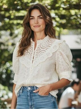 House of Harlow 1960 eyelet ruffle blouse cream victorian inspired style L